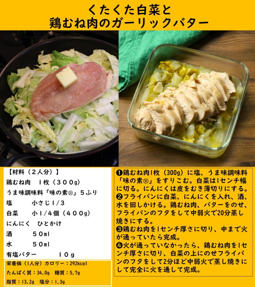 「くたくた白菜と鶏むね肉のガーリックバター」のレシピ。カロリー&糖質控えめ。ジュワッとコクうま! 3 「くたくた白菜と鶏むね肉のガーリックバター」のレシピ。カロリー&糖質控えめ。ジュワッとコクうま! GegZyezaEAAEPUG 「くたくた白菜と鶏むね肉のガーリックバター」のレシピ。カロリー&糖質控えめ。ジュワッとコクうま!
